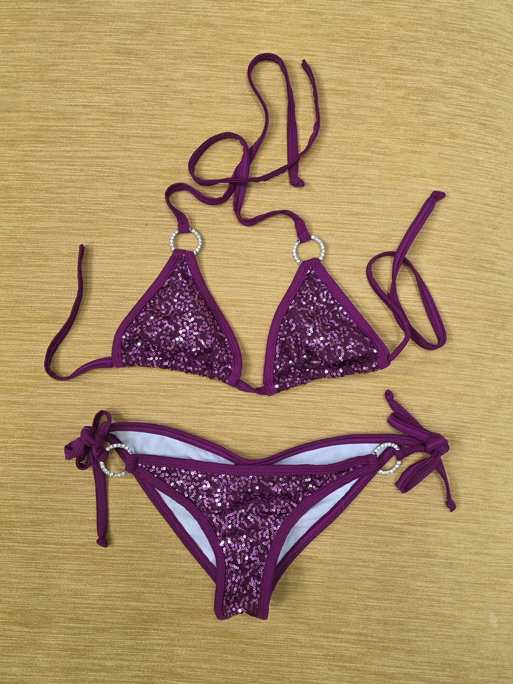 Daisy Corsets Beachwear Magenta Sequin Triangle Bikini  Rhinestone Rings Large